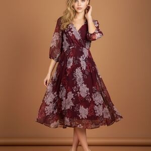 bishop + young Burgundy Floral Midi Dress